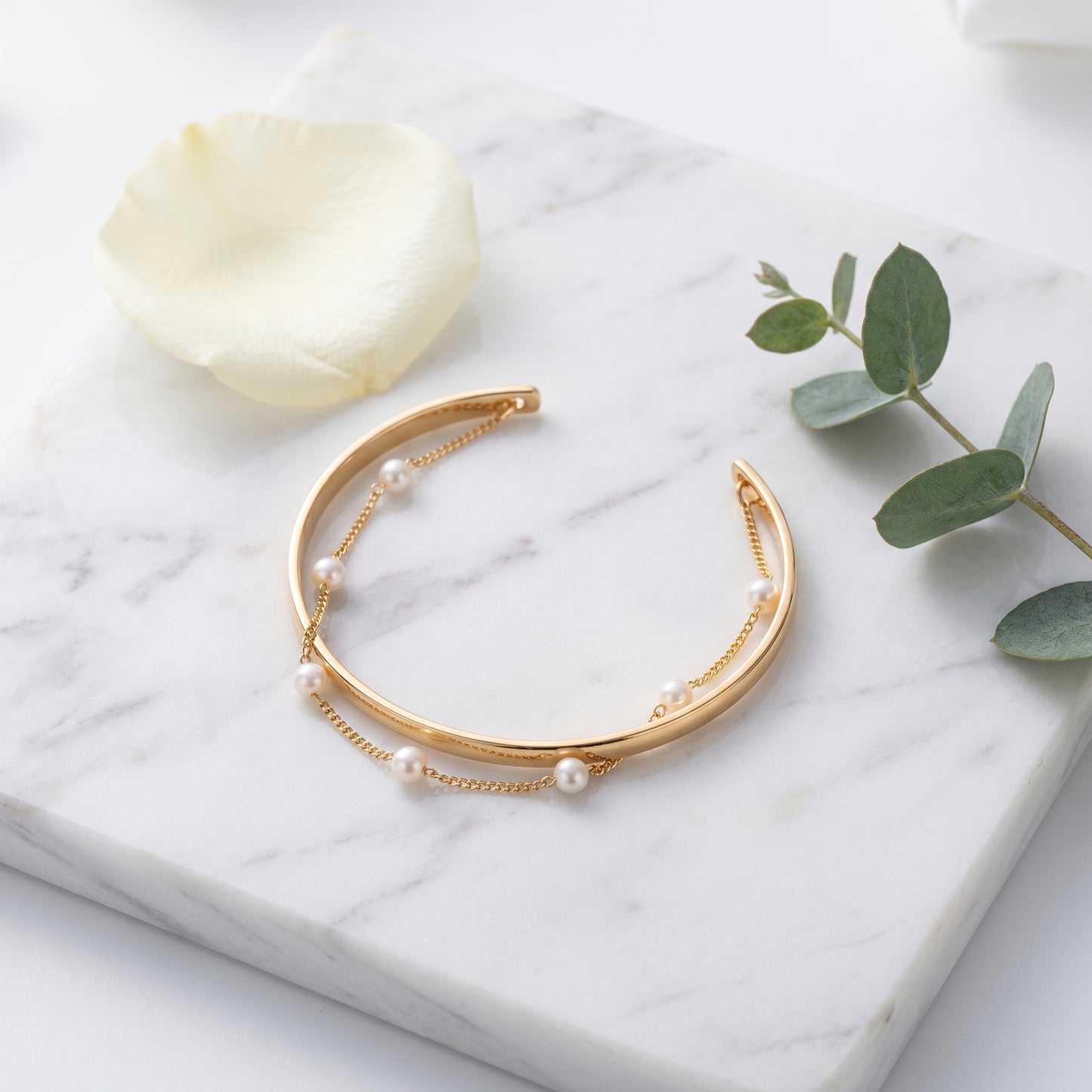 Bracelet Double Jonc — Perles & Chaîne Dorée